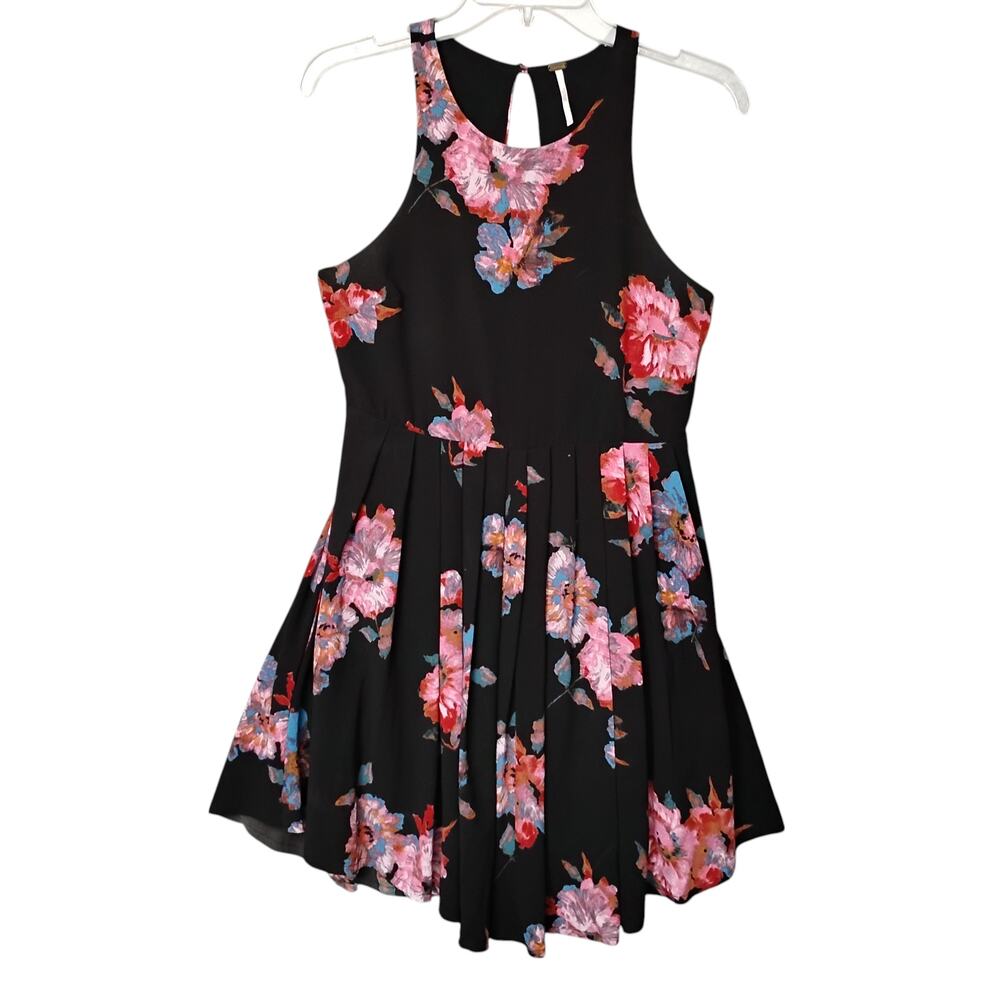 Free People Black Floral Mini Dress with Pink & Blue Blooms